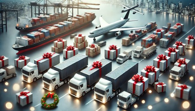DALL·E 2024-10-03 16.25.49 – A professional, corporate-themed image showing transportation logistics for a shipping company with a focus on heavy packages. The scene includes cont