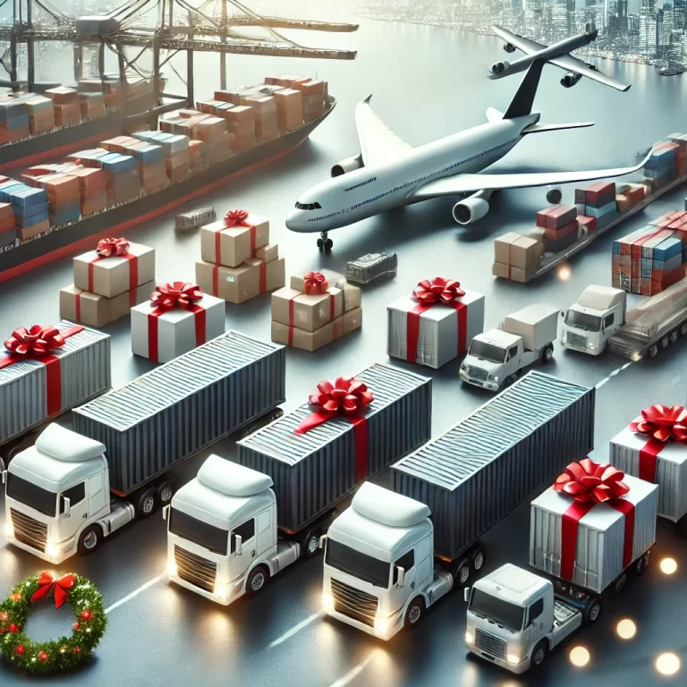 DALL·E 2024-10-03 16.25.49 – A professional, corporate-themed image showing transportation logistics for a shipping company with a focus on heavy packages. The scene includes cont