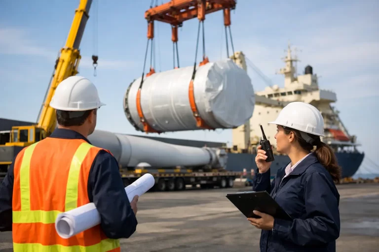 Project cargo logistics operation with oversized heavy equipment transport and customs coordination