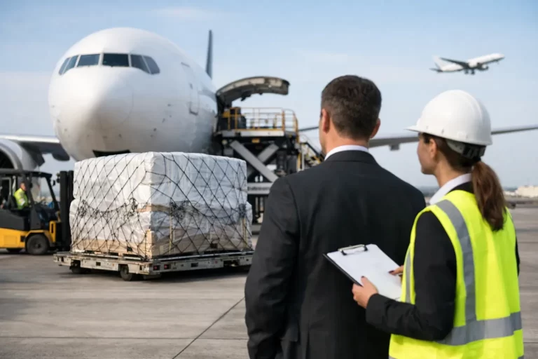 Air cargo shipping company loading freight onto a cargo aircraft