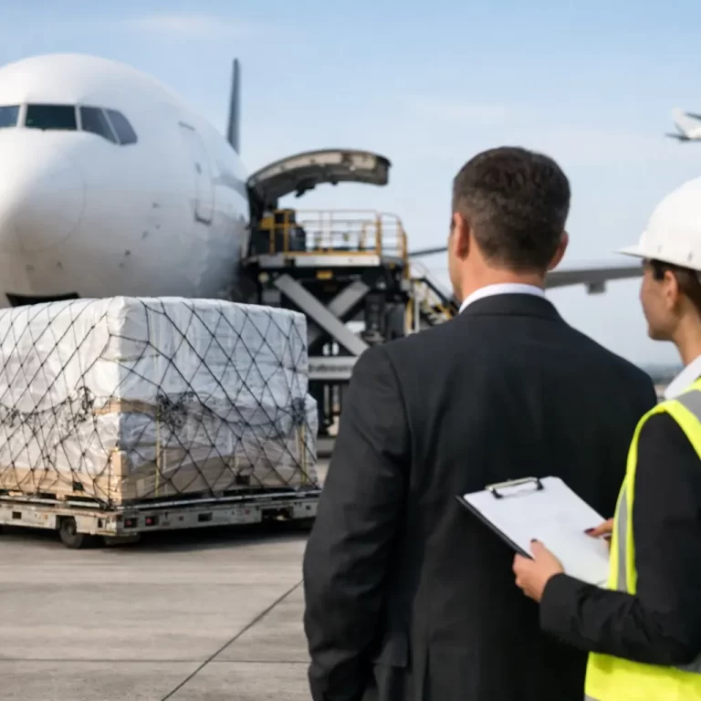 Air cargo shipping company loading freight onto a cargo aircraft